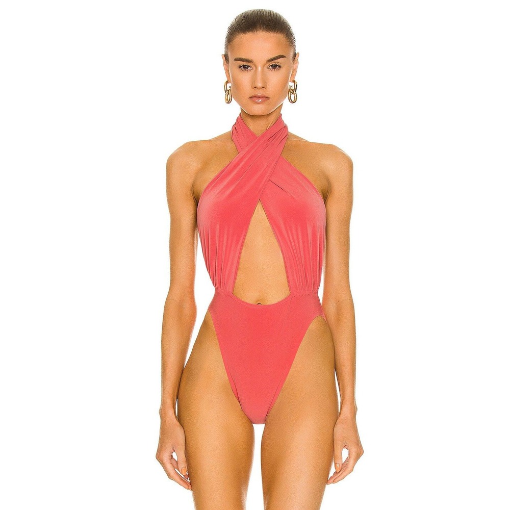 Norma Kamali Womens Cross Halter Bodysuit Papaya Sleeveless One Piece Size XS